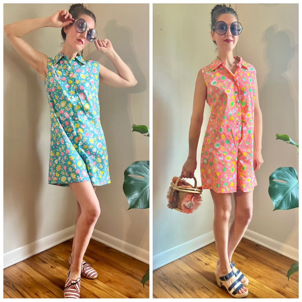60s Vintage Blue Bee Print Romper - Picture 4 of 9